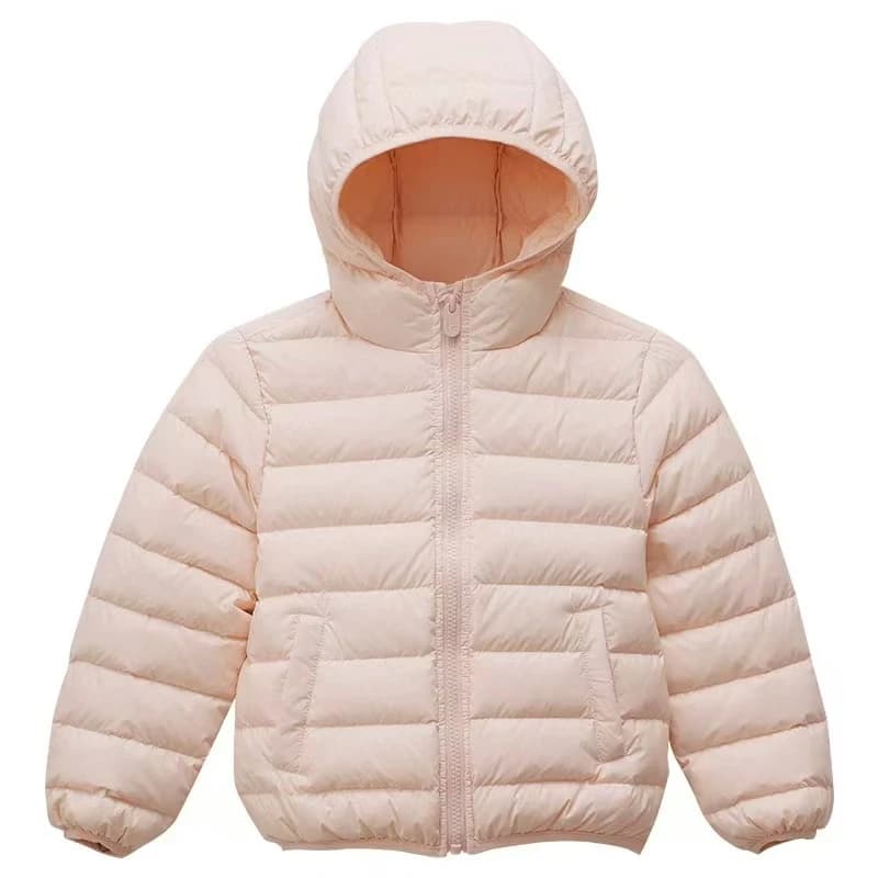 视频对应的产品原图：白底浅粉色连帽羽绒服